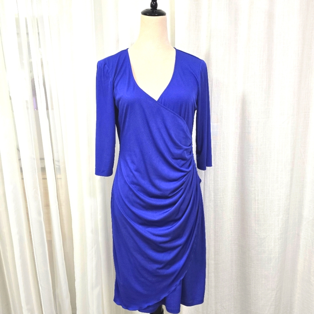 Argenti Royal Blue Faux Wrap Womens‎ Midi Dress Size 10 Feminine Side Ruching